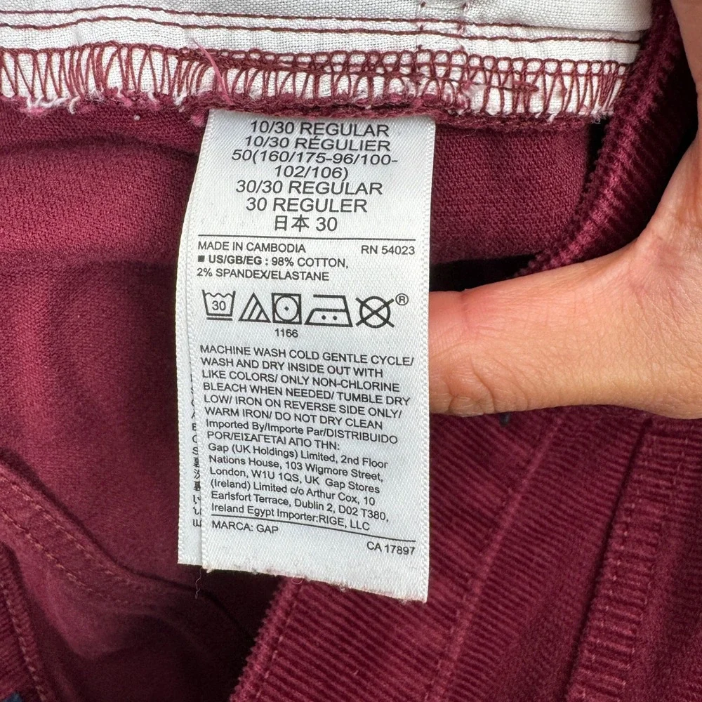 Gap‎ Corduroy Pants Womens 10/30R Burgundy High Rise Universal Legging Slim Fit